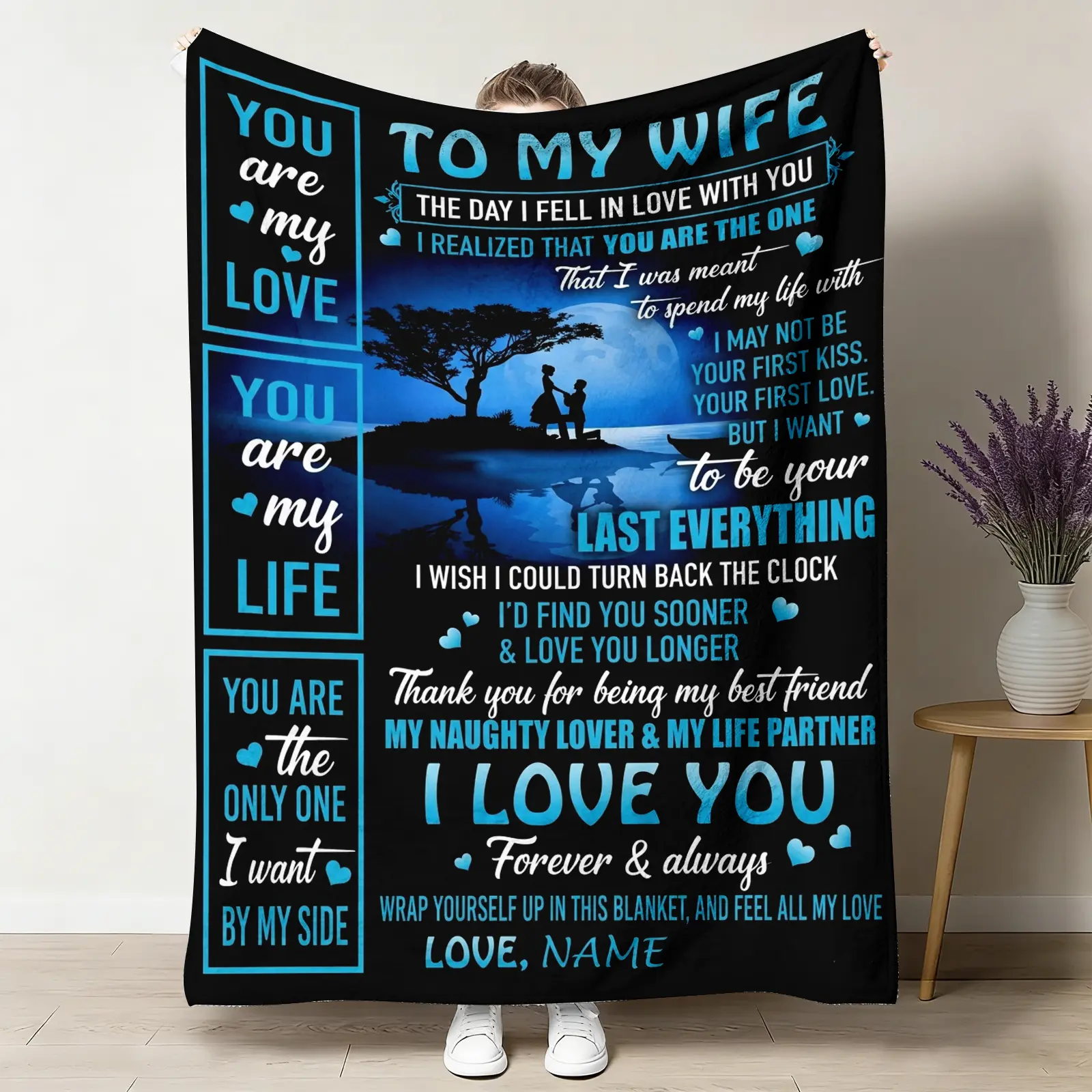 Personalized Name Flannel Throw Blanket for Wife, Custom Design Throws with Lakeside Couple Silhouette & Love Letter, Soft Cozy Warm Bedding, Husband’s Anniversary Valentine’s Day Gift, Personalized Throws