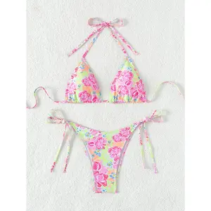 2026 New Boho Print Triangle Thong Bikini Set – Halter Neck Two-Piece Swimsuit(With Bonus Anklet Gift)