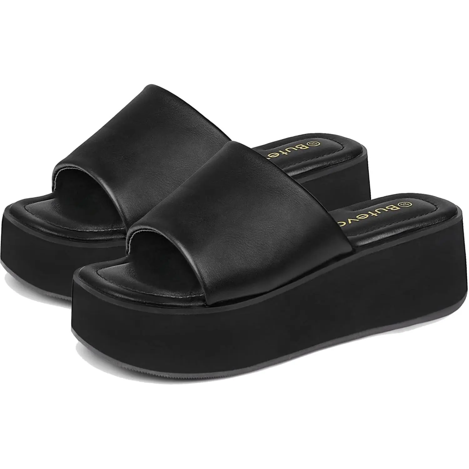 Butevar Chunky Platform Sandals for Women - Comfort Black Open Toe Slip on Platform Slides Y2K Wedge Sandals for Summer Casual