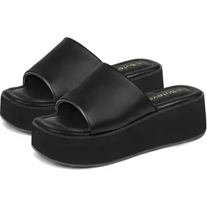 Butevar Chunky Platform Sandals for Women - Comfort Black Open Toe Slip on Platform Slides Y2K Wedge Sandals for Summer Casual