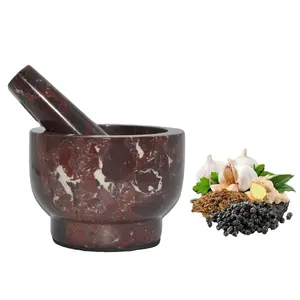 Red & White Marble Mortar and Pestle Set with Anti Scratch Pad | Perfect for Spices, Herbs, Seasonings | 2 Cup-Capacity | Detergent Safe