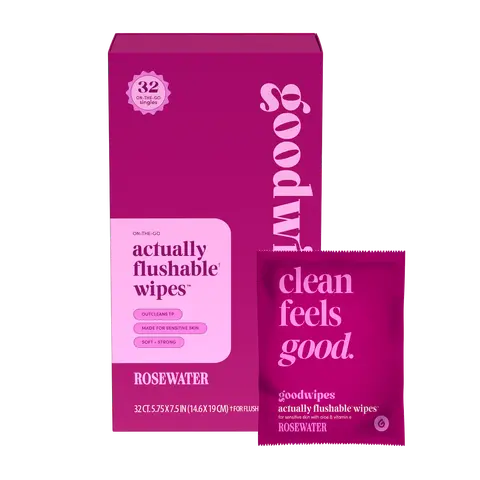 goodwipes Rosewater Flushable Wipes - Individually Wrapped Butt Wipe for On-the-Go Adults - Portable Mini Wipes - Travel Essentials - Sewer & Septic Safe- 2 pack of 32ct