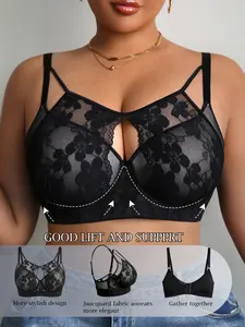 Plus Size Women's Lace Push-Up Bra, Full Coverage Underwire, Medium Support, Adjustable Strap, Fashion Design, All Seasons Wear