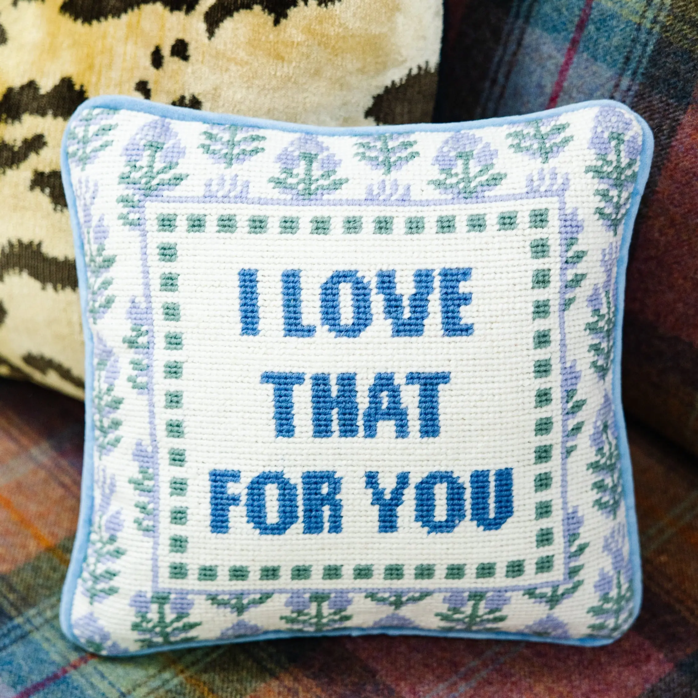 Furbish Studio Needlepoint Embroidery Velvet Pillow - Playful Print Dopamine Decor, Decorative Home Accent, House Soft Furnishing Textile, Room Decor