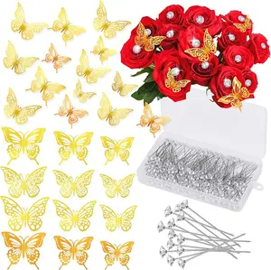 248Pcs Bouquet Corsages Pins Set, 200Pcs 2.1 Inch Diamond Boutonniere Pins with 48Pcs Gold 3D Butterfly Decorations for Butterfly Birthday Decorations, Butterfly Wall Decor for Wedding Birthday