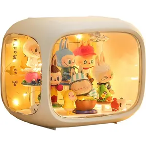 Display case for Figures with Light Adjustable Display Stand Clear Acrylic Display Box with Door Dust and Moisture Proof Suitable for Lego Collectibles Action Figures Pop Mart