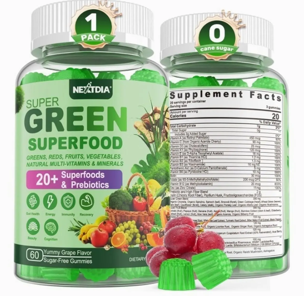 Super Greens Gummies, Greens Superfood Powder Alternative w/Spirulina, Chlorella, Prebiotic Fiber, Probiotic, Fruit Veggie, Daily Greens Vegetable for Digestive & Gut Health, Immunity, Focus, 60 Cts
