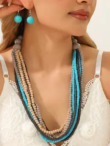 Multicolor Layered Bead Necklace Earrings, Boho Style, Chain & Link, Colorblock Pattern, All Seasons, Perfect for Parties and Dinners