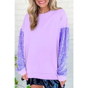 Pink Sequin Patchwork Long Sleeve Pullover Top