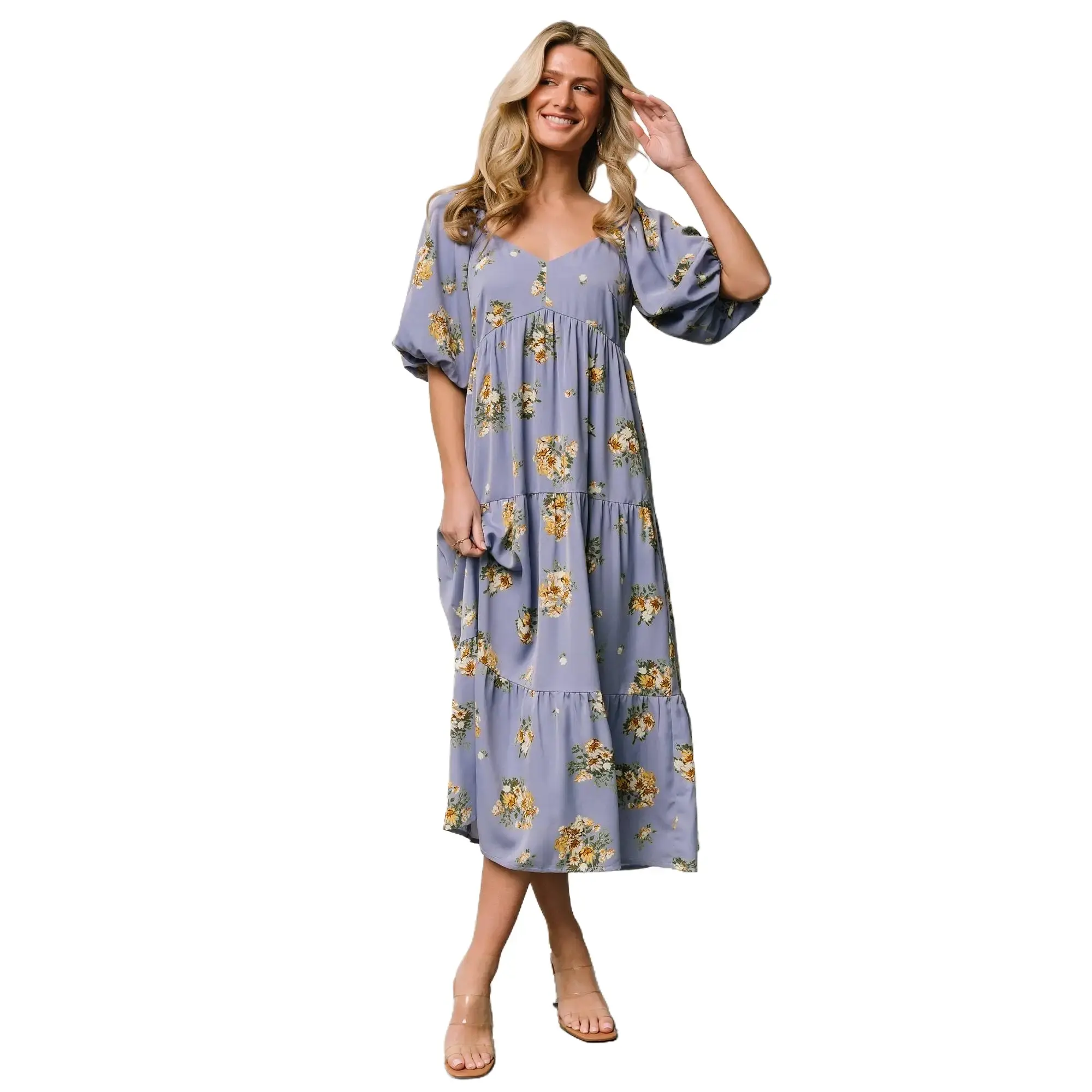 Women's Oversized Feminine Short-Sleeve Judith Dress, Blue-Golden Floral Garment