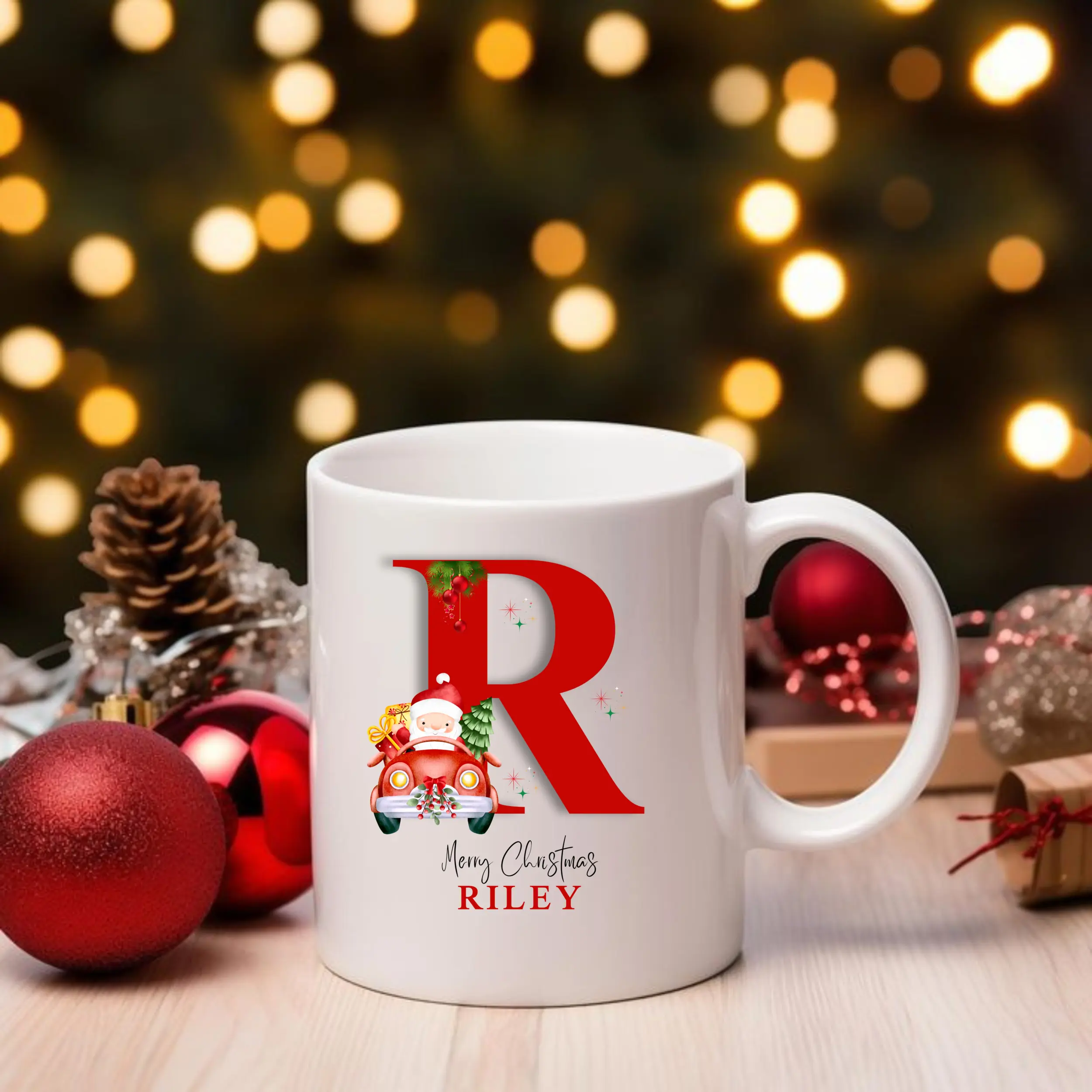 Personalized Christmas Mug, 15oz - Group Santa Coffee Cup, Initial & Name Gift Idea, Custom Holiday Present, Customizable Xmas Cup