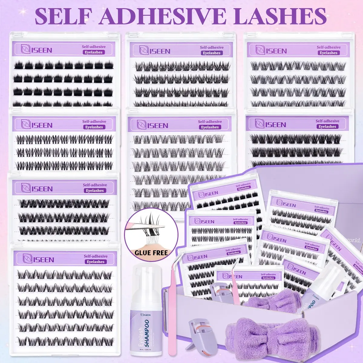 8 Styles Self-Adhesive Lash Cluster Kit - Press On Lashes with Lash Cleansing Foam, Tweezers & Headband | Natural Look Pre-Glued Cluster Lashes, Ultra-Thin & Lightweight, Easy Apply for Beginners, No Glue Needed, No Remover & No Residue, Glueless Lashes