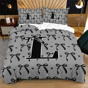 Letter A-N Bow Bedding Set, High-End Color Suitable for Youth Adult Bedroom Decor Gift, Includes 1 Fitted Sheet and 2 Pillowcases