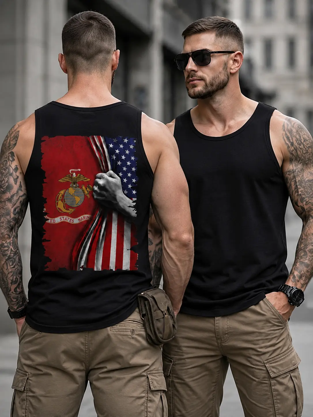 Men's Casual Athletic USMC Flag Print Sleeveless Vest - Menswear, Soft Breathable Fabric, True-to-Size, Ideal for Gym, Outdoor Use, Hang Dry, Soft Fabric, Party, Crew Neck