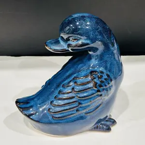 Vintage Pottery Duck Figurine cobalt Blue Bird Speckled woodland farmhouse