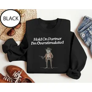 Hold On Partner Im Overstimulated Sweatshirt, Cowboy Frog t-shirt, Cowboy Frog Unhinged hoodie, Cute Animal Sweatshirt, Funny Frog Shirt
