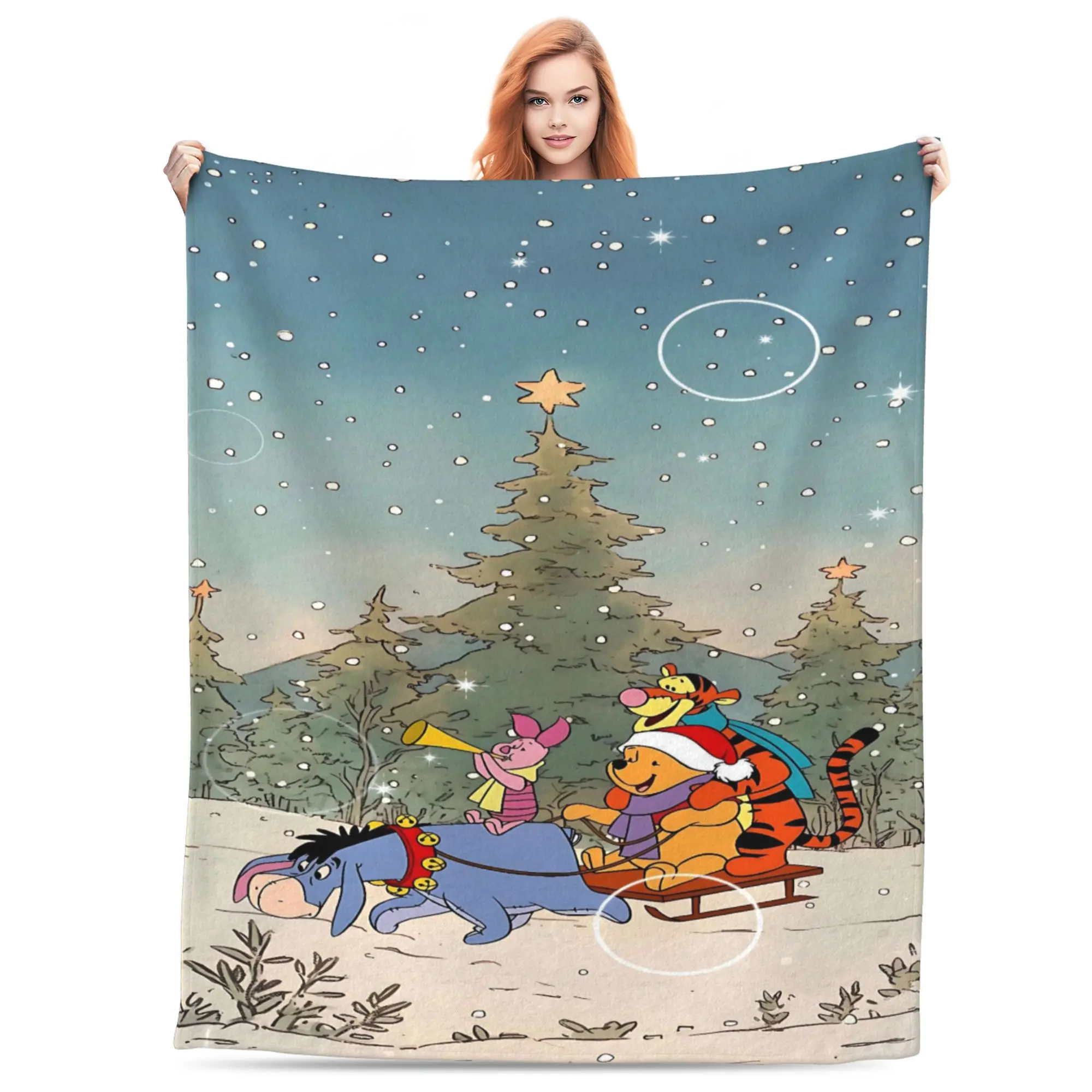 [SummerVibes] DISNEY CLASSIC Winnie the Pooh Christmas Blanket - Festive Holiday Scene with Pooh, Tigger, Piglet & Eeyore on a Sleigh Ride - Soft Plush Throw Blanket for Cozy Winter Nights, Perfect Gift for Kids