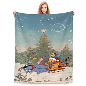 DISNEY CLASSIC Winnie the Pooh Christmas Blanket - Festive Holiday Scene with Pooh, Tigger, Piglet & Eeyore on a Sleigh Ride - Soft Plush Throw Blanket for Cozy Winter Nights, Perfect Gift for Kids