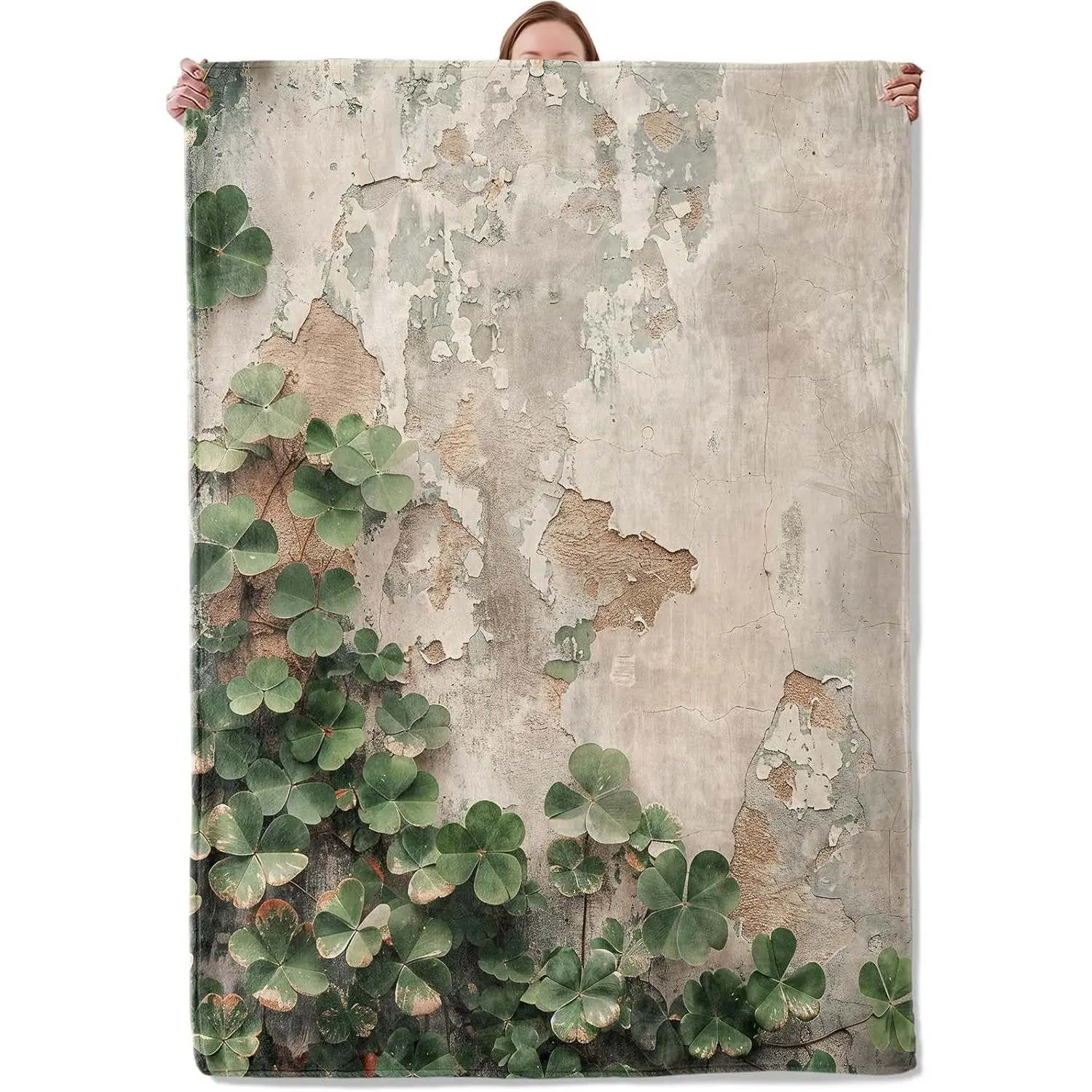 Realistic Clover Leaf Printed Flannel Throw Blanket - Polyester Fabric, Ultra HD Printed Side, Lightweight Warm Soft, Rustic Vintage, for Adults & Grandparents, 152cm×127cm（50x60in）, Sofa Home Decor Birthday Gift