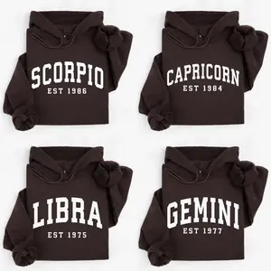 (Leave A Note or DM to Shop) Custom Zodiac with Est Year Hoodie - Dark Chocolate Color, Horoscope Astrology Graphic Hoodie, Unisex Crewneck Hoodie, Personalized Zodiac Energy Gift for Birthday, Star Sign Lover