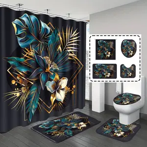[Popular Choice]1pc/4pcs, bathroom curtains shower, bathroom set, shower curtains, bathroom rug, home decoration, bath mat, bathroom mat, tortoise shell bamboo pattern, tropical plant theme decoration, bathroom set, with 12 hooks.