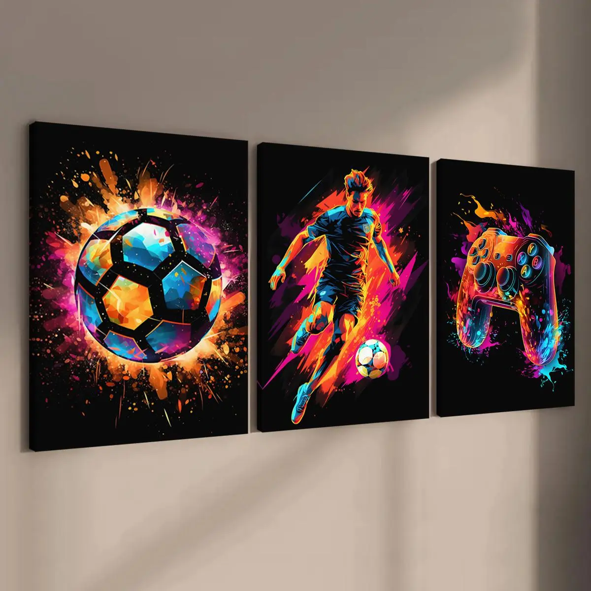 Neon Game & Football Themed Canvas Painting with Frame, Artistic 3 Counts/set Modern Cool Design Art Work for Wall Decor, Wall Art Decor for Home Living Room Bedroom Office, Hanging Wall Art, Canvas Prints, Modern Home Decoration, Decoration Items