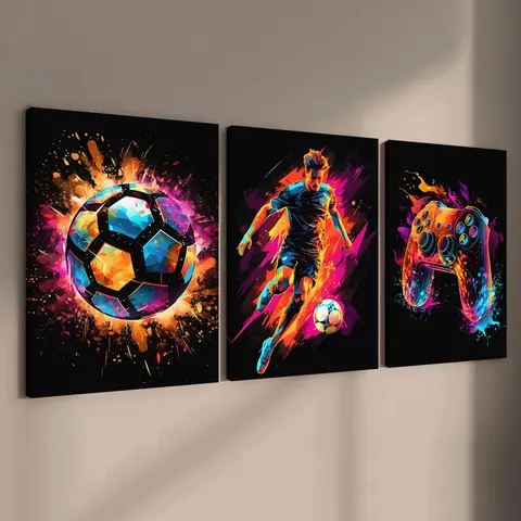 Neon Game & Football Themed Canvas Painting with Frame, Artistic 3 Counts/set Modern Cool Design Art Work for Wall Decor, Wall Art Decor for Home Living Room Bedroom Office, Hanging Wall Art, Canvas Prints, Decorative Artwork, Modern Home Decoration
