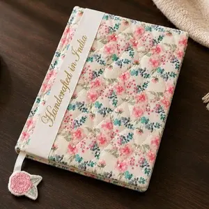 Handcrafted Embroidered Notebook Journal – Floral Fabric Cover with Beaded Details, Lined Pages, Ribbon Bookmark – Handcrafted Quilted Journal Pink Floral Hardcover