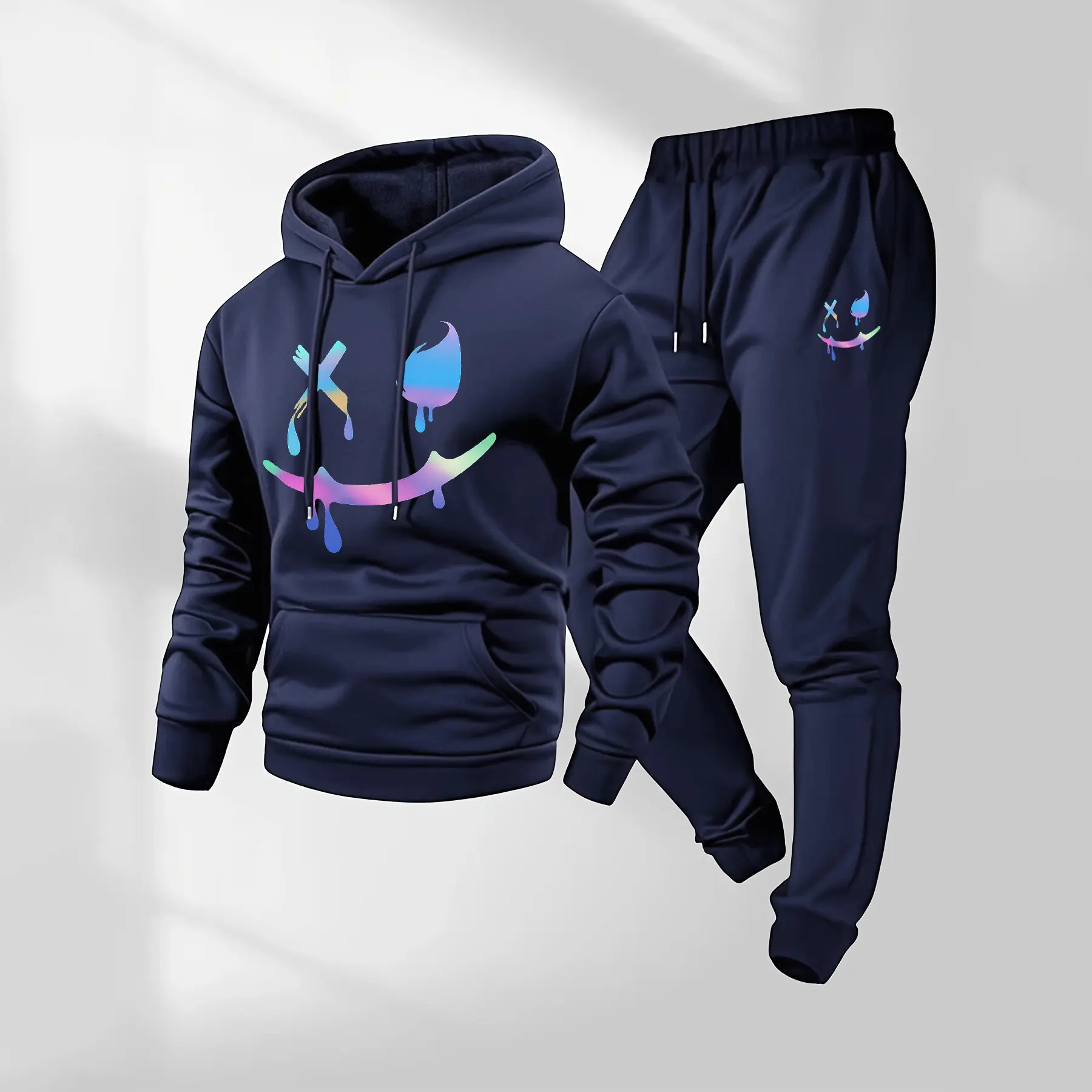Men's 2-Piece Gradient Smiley Face Hooded Tracksuit Set - Long-Sleeve Drawstring Jacket, Pocketed Jogger Pants, Fall Winter Athleisure Wear Set, Breathable Casual Fitness Gym Activewear, Breathable Tracksuit