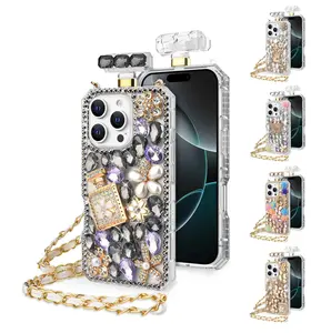 HappyDeal Rhinestone Perfume Bottle Shape Bling TPU Shock Proof Cover Case with Detachable Strap for Apple iPhone 16 PRO MAX Accessories Protective Protection Compact