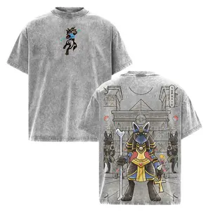 Lucario PKM Anime Washed Shirt Vintage Double Printed Oversize Heavyweight Cotton Manga Streetwear Graphic T-shirt Top
