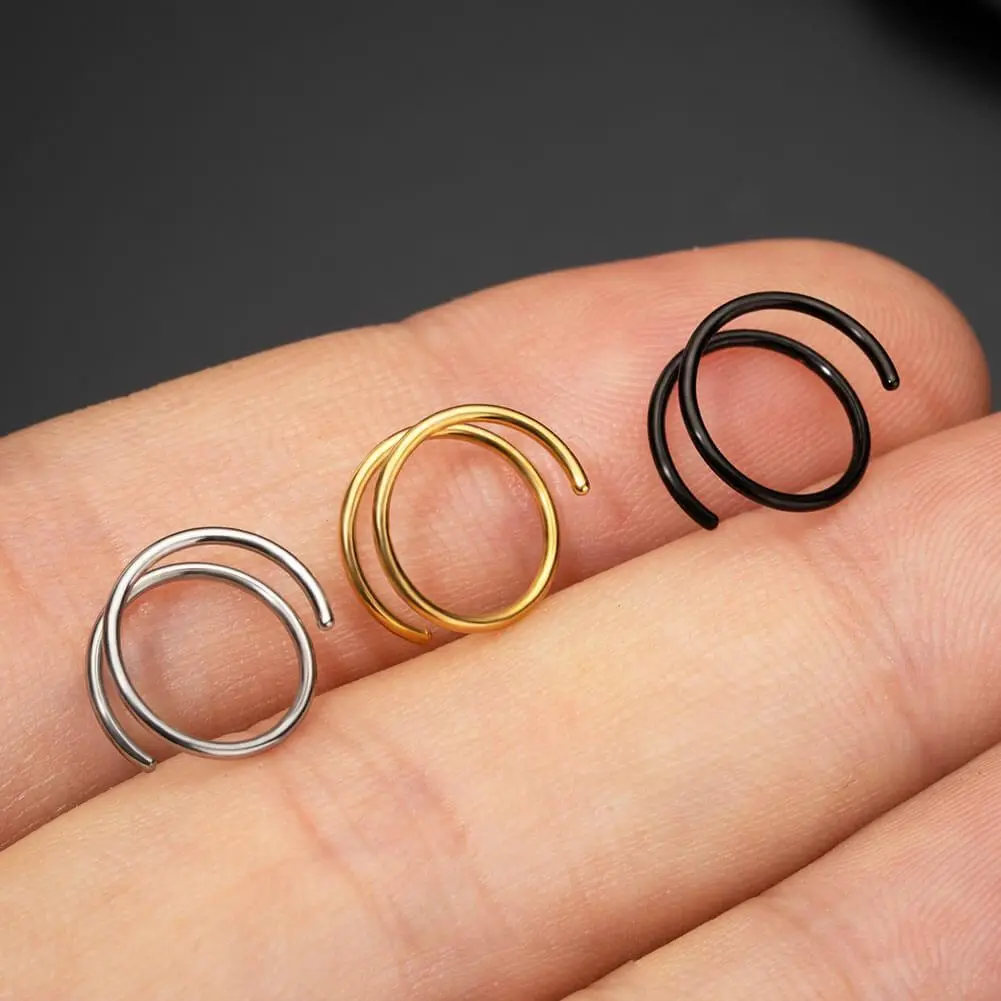 OUFER BODY JEWELRY 20G 2PCS Titanium Spiral Double Rows Right Side Double Nose Piercing Hoops, 8mm Inner Diameter, Unisex Hypoallergic Non Tarnish Wearable Jewelry, Non Tarnish Jewelry