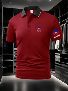 Men's Classic Short-Sleeve Polo Shirt, Haiti National Flag Graphic, Breathable & Comfortable Fabric, Chest & Sleeve Dual Prints, Summer Casual/Business/Sports Top