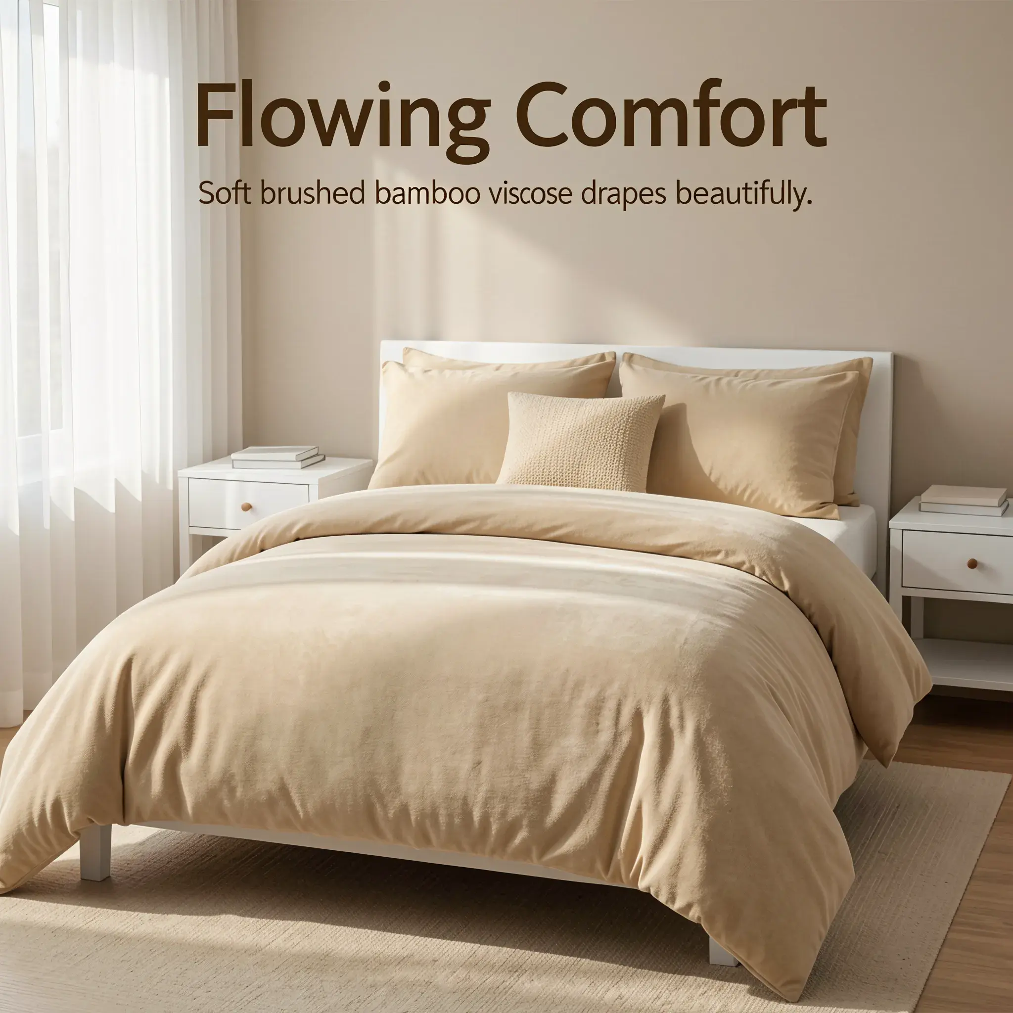 King Size Beige 6 Piece Bamboo Viscose Bed Sheet Set | Soft Brushed  | Deep Pocket Fitted Sheet with Pillowcases for Thick Mattresses Bedsheet Set Soft Bedding Sets