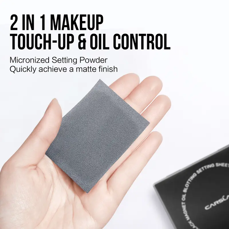 CARSLAN Black Magnet Oil Blotting Setting Sheet With Powder More Control Oil Keep Fresh 2 IN 1 Blotting Sheet with Mirror Puff & Recyclable Case 450 Sheets 1 Box 2 Refills 1