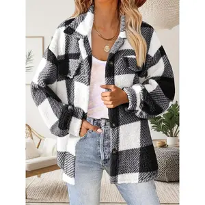 NewWomen'sAutumnandWinterPlaidPlushJacket,VersatileButtonedPlushLongSleeveJacket,Women'sClothing