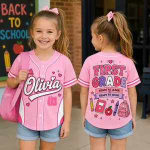 Custom First Grade Baseball Jersey, Personalized Kids Back To School Shirt, Olivia Name Number Outfit, Girls Youth Button Uniform, Teacher Student Gift