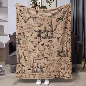 Vintage Western Cowboy Skull Cactus Print Flannel Blanket, Throw Blanket, American Country Style, Warm Home Decor, Sofa Bed Living Room, Travel Camping