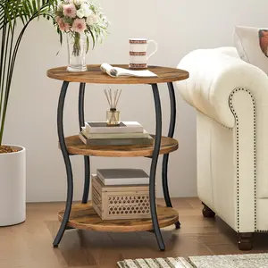 HOOBRO 3-Tier Side Table, Round End Table with Storage, Sofa Bedside Table, Nightstand, for Small Spaces, Living Room, Bedroom, Rustic Brown and Black #SummerVibes