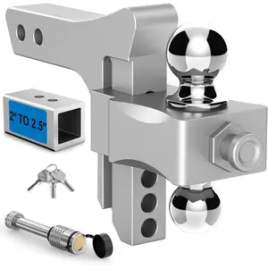 Adjustable Trailer Hitch, Drop Hitch Fits 2 Inch Receiver, GTW 21,500 LBS Aluminum Tow Hitches Dual Ball (2" x 2-5/16"), Heavy Duty Truck Hitch Ball Mount (5 Inch Drop Hitch)