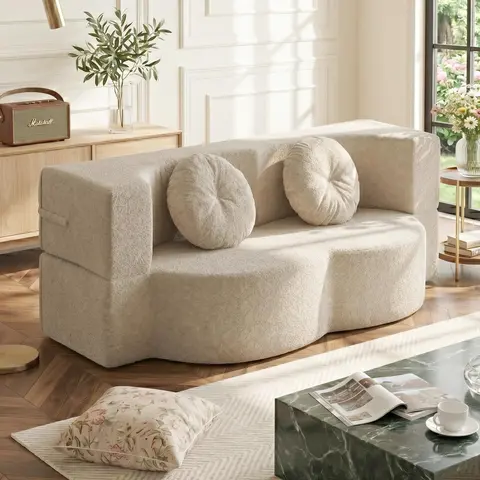 Eyisean 76" Convertible Futon Sofa Bed, Twin Size Folding Mattress, Memory Foam Floor Couch with 2 Pillows, Boneless Loveseat Couches for Living Room, Guest Bed for Apartment, Deep Seat, No Assembly Required, Room Decor, Dorm Essentials, Linen Fabric