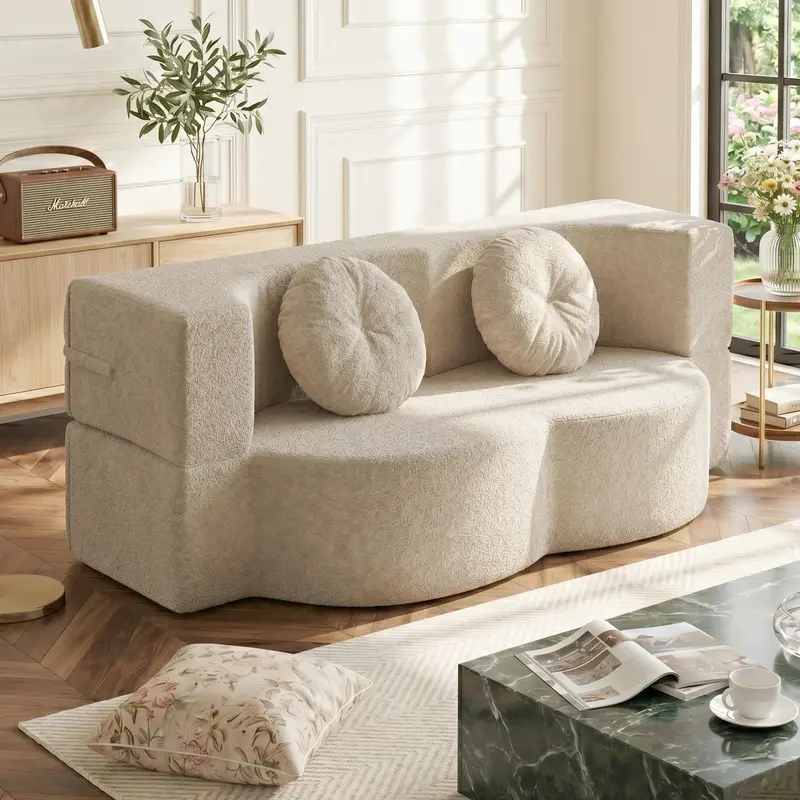 Eyisean 76" Convertible Futon Sofa Bed, Twin Size Folding Mattress, Memory Foam Floor Couch with 2 Pillows, Boneless Loveseat Couches for Living Room, Guest Bed for Apartment, Deep Seat, No Assembly Required, Room Decor, Dorm Essentials, Linen Fabric