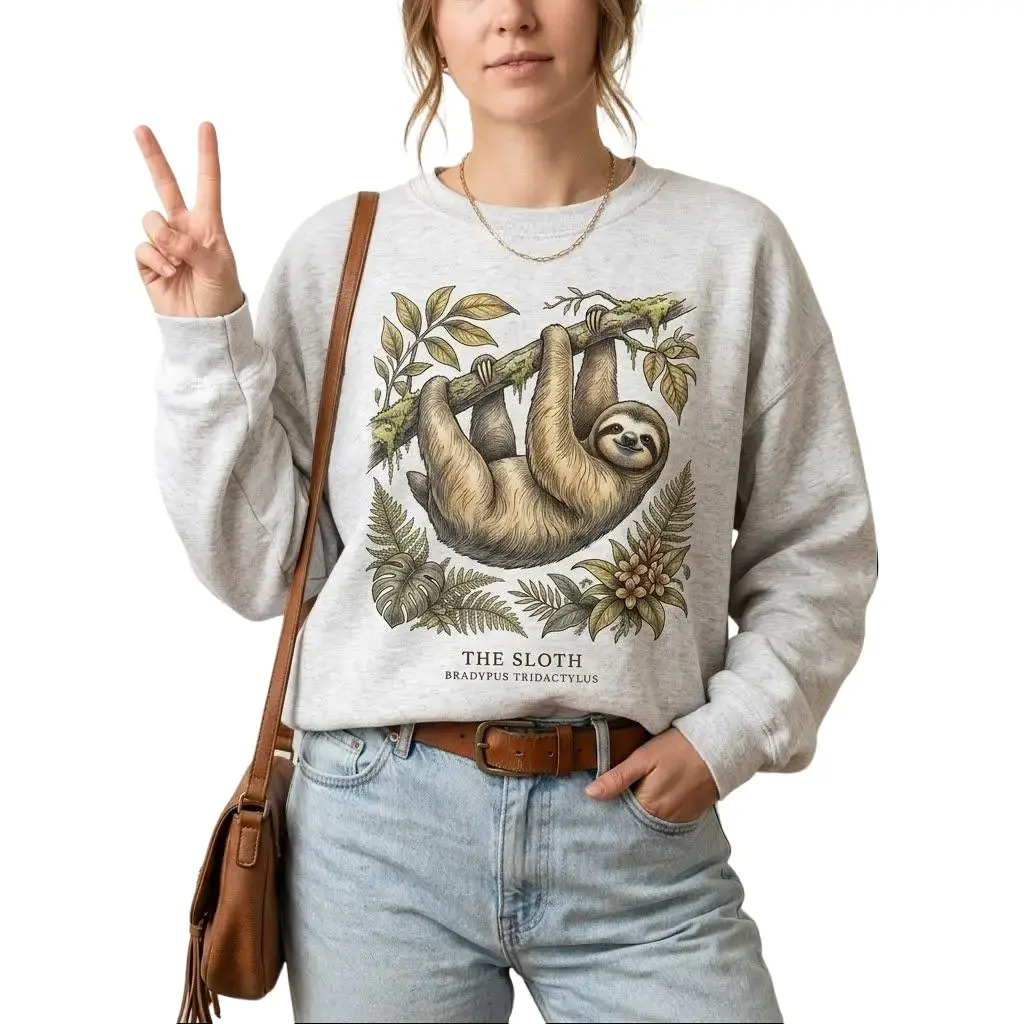 Women's Unisex Sloth-Print Retro Cotton Pullover Sweatshirt, Vintage Boho Style