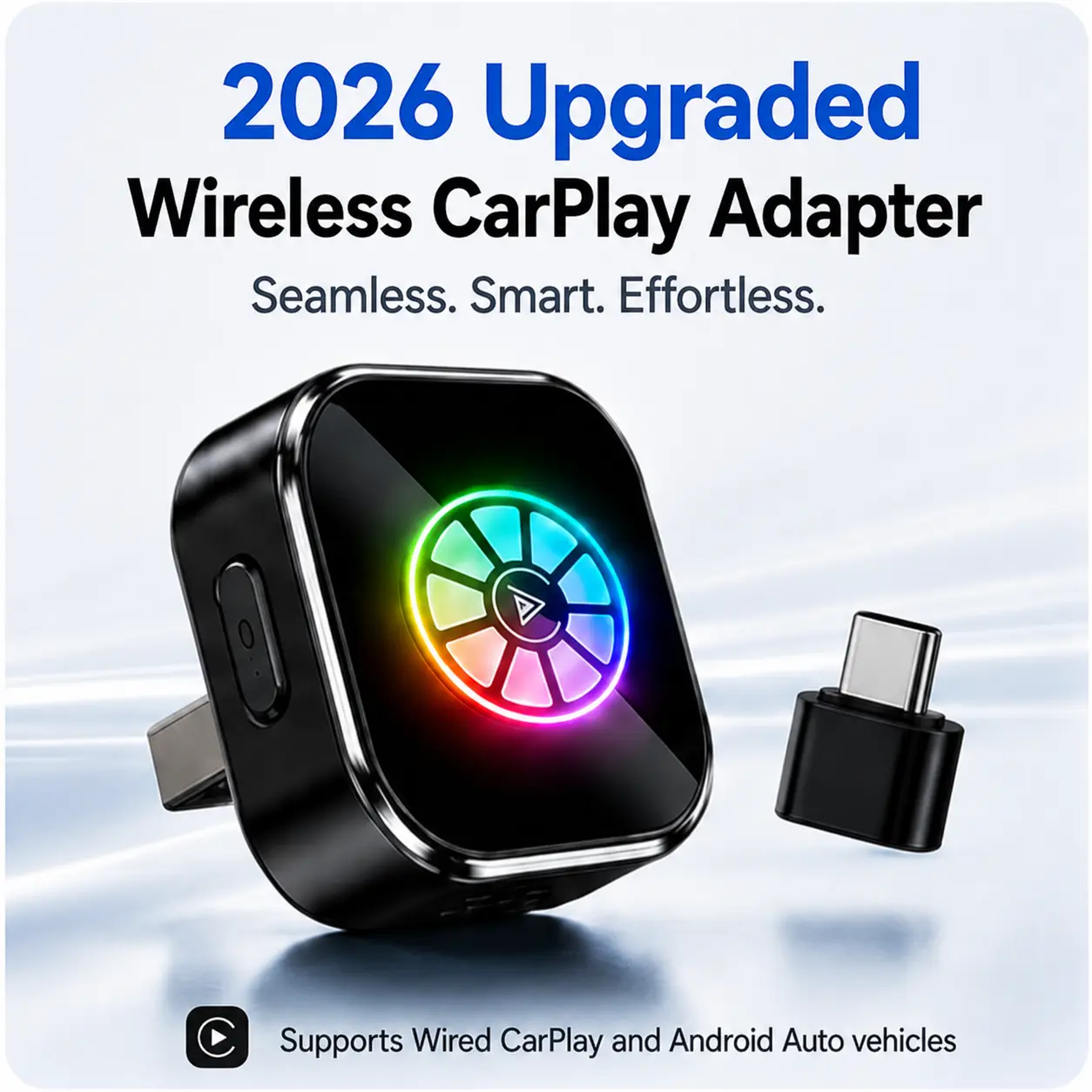 2026 Upgraded Wireless CarPlay Adapter - USB-Powered, Plug-and-Play, Quick Connection, 2-Phone Switch Support, Wired-to-Wireless Conversion, Hands-Free Calling, USB-A/Type-C Port Compatible convert factory