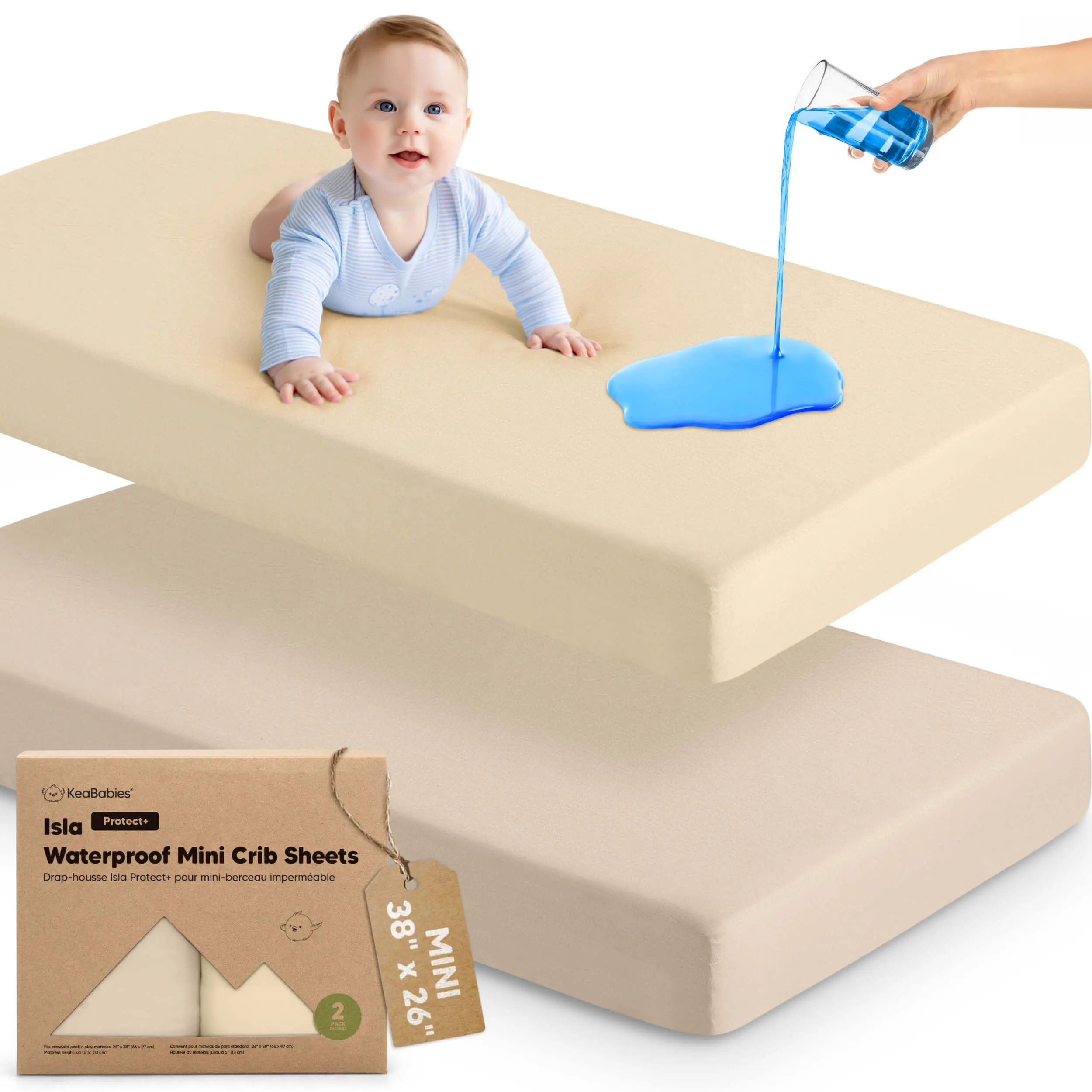 2-Pack Waterproof Pack and Play Sheets, Mini Crib Sheets Fitted for Boy, Girl - 38 x 26 Viscose from Bamboo Pack N Play Mattress Sheets for Graco, Toddler Playard Baby Crib Sheets Neutral