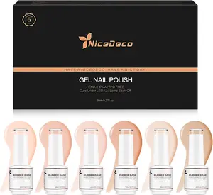 Nicedeco 4 In 1 Rubber Base Gel Set For Nails, Hema Free Nude Rose Pink Sheer Color Gel Nail Polish UV LED Soak Off, Elastic Rubber Nail Strengthen Enhance Base Coat 6pcs x 8ml-Kit34