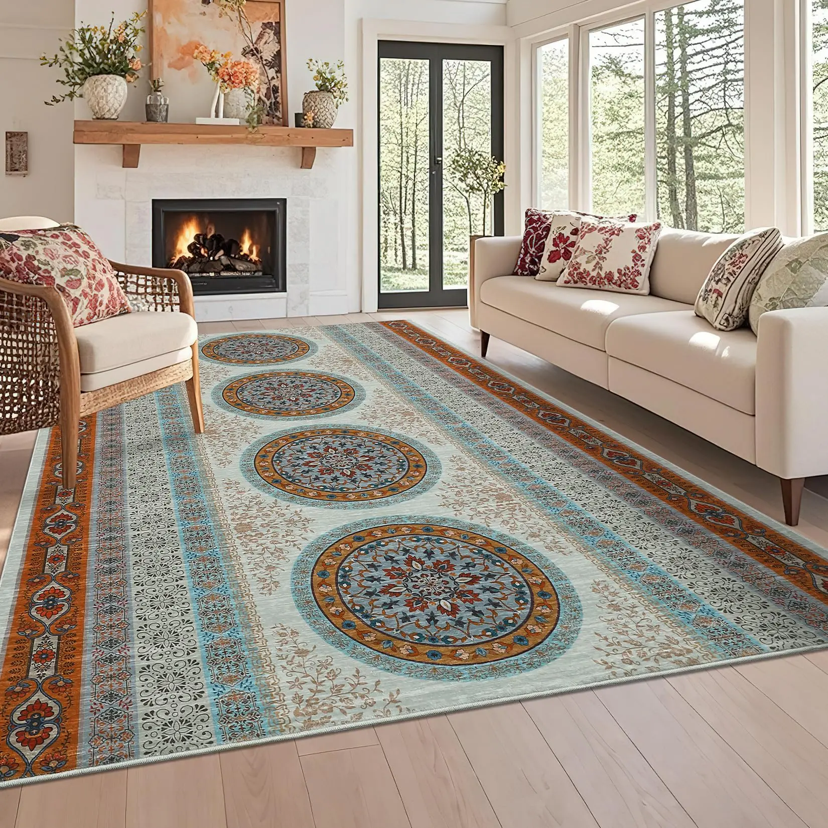 Garvee Vintage Area Rugs 5x7 Non-Slip Oriental Throw Rugs, Non-Shedding Ultra-Thin Indoor Mat, Machine Washable Floor Carpet, Easy Cleaning, for Living Room, Bedroom, Office, Orange