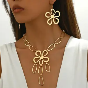 3pcs Elegant Geometric Flower and Oval Link Chain Tassel Necklace and Earrings Set for Women, Alloy Jewelry for Daily and Party Wear, Versatile All-Season Accessory