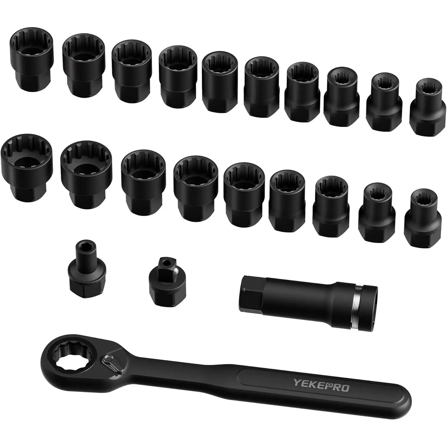 24-Piece 3/8" SAE & Metric Pass-Through Set with Reversible Ratchet, Non-Slip Extractor for Damaged & Stubborn