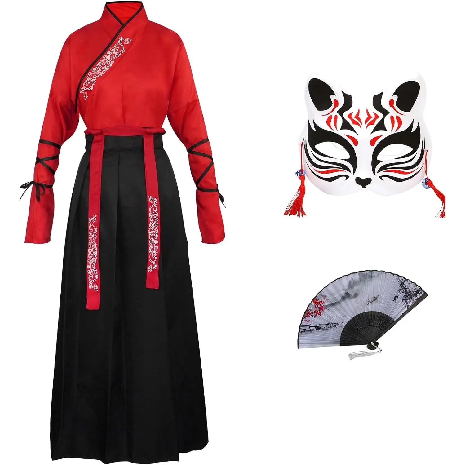 Women's Modern Hanfu Set, Elegant Embroidered 2-Piece Costume with Long Skirt for Anime Cosplay & Halloween, Includes Folding Fan & Mask, Knitting, Includes Accessories, Top, Classic, 26.4 Inches, Soft Cotton, Dress, Clothes, Fabric, Lady, Adjustable Wais